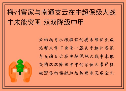 梅州客家与南通支云在中超保级大战中未能突围 双双降级中甲